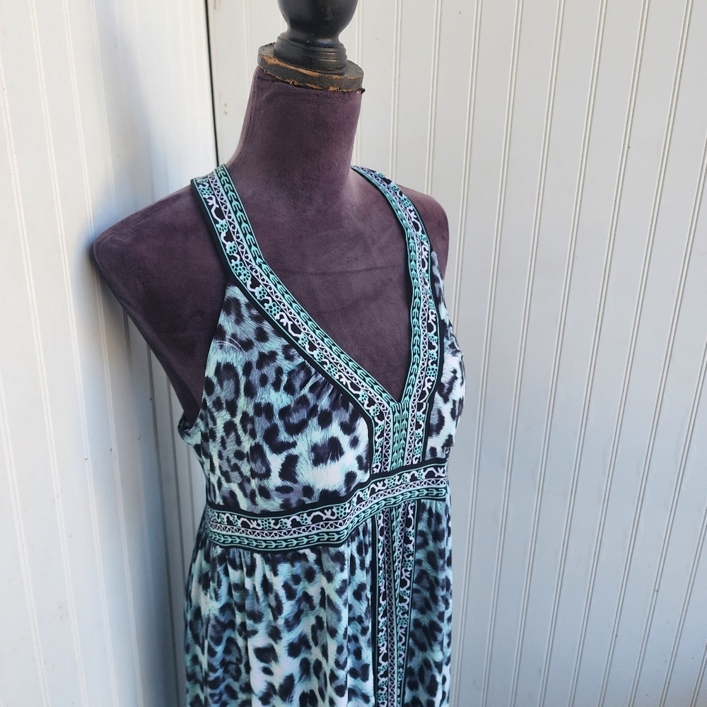 INC Internationa Leopard Print Maxi Dress Crisscross Back Blue Stretch V-Neck XL - Picture 3 of 14